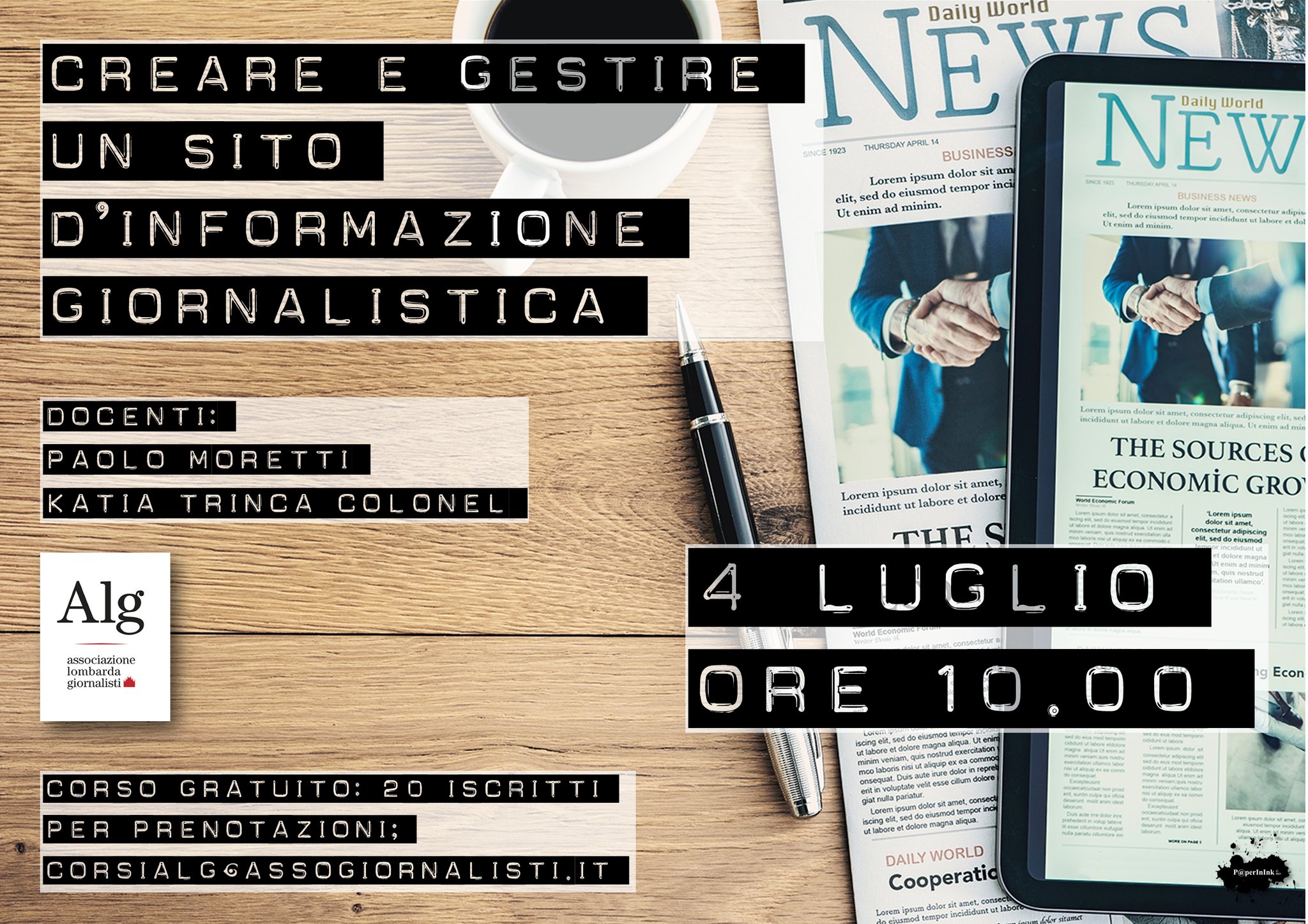 Creare e gestire un sito giornalistico – Corso in Alg il prossimo 4 luglio